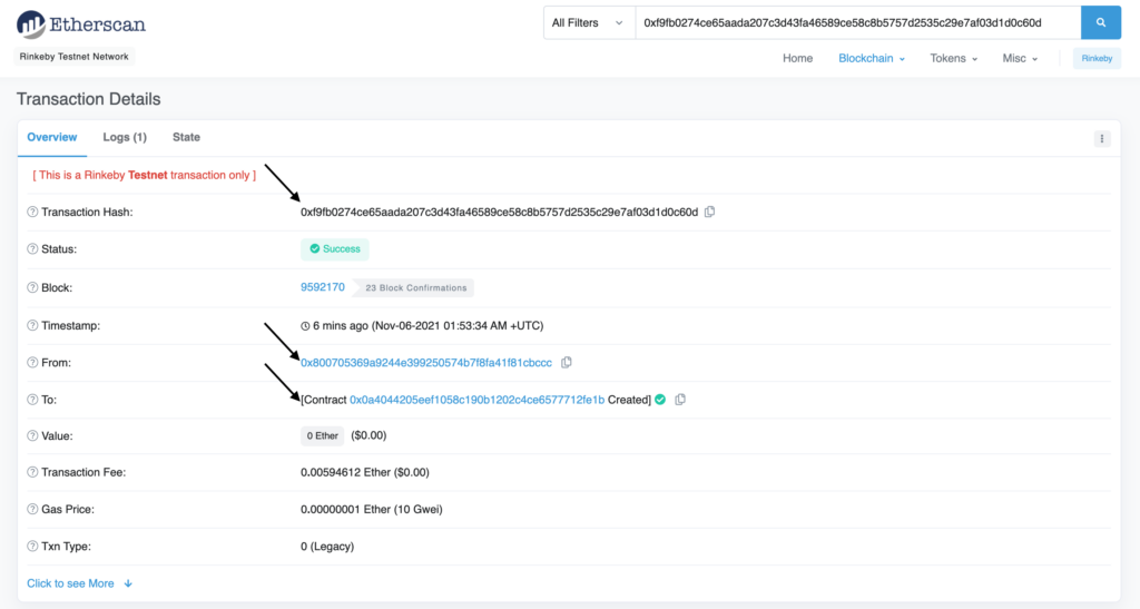 EtherScan - Rinkeby Public Test Network - Transaction Receipt - Write And Deploy First Smart Contract On Ethereum With Solidity