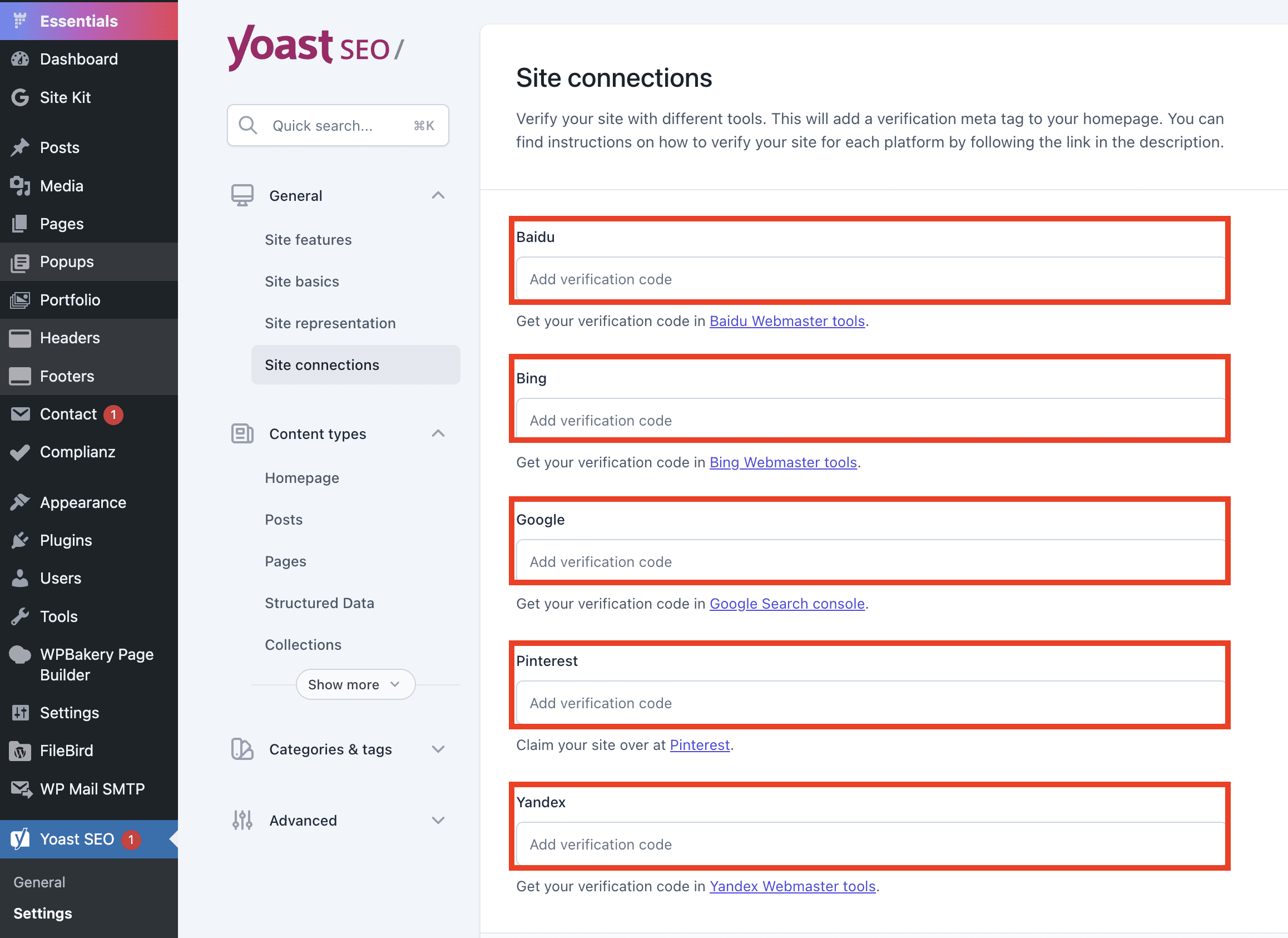 Yoast SEO - WordPress Plugin Settings - Site Connections